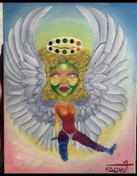 a painting of an angel holding a crown