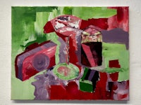 an abstract painting with red, green, and blue colors
