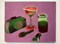 a painting of a camera, glasses, and a bottle of wine